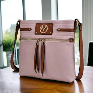 MKF Vegan Leather Pink & Brown Crossbody Bag 🎒✨ Trendy & Functional